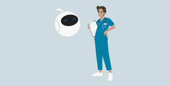Illustrasjon av en flyvende robot ved siden av en sykepleier