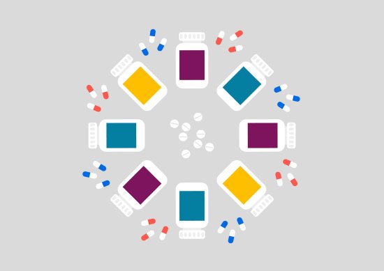 Illustrasjon som viser tabletter og beholdere i en sirkel.