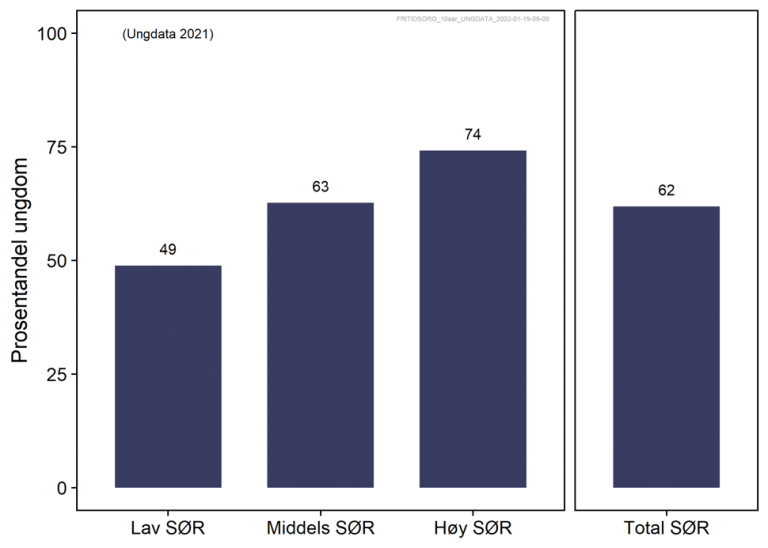 Figuren viser at unge med mindre tilgang på økonomiske og kulturelle ressurser hjemme, også i mindre grad deltar i organiserte fritidsaktiviteter.