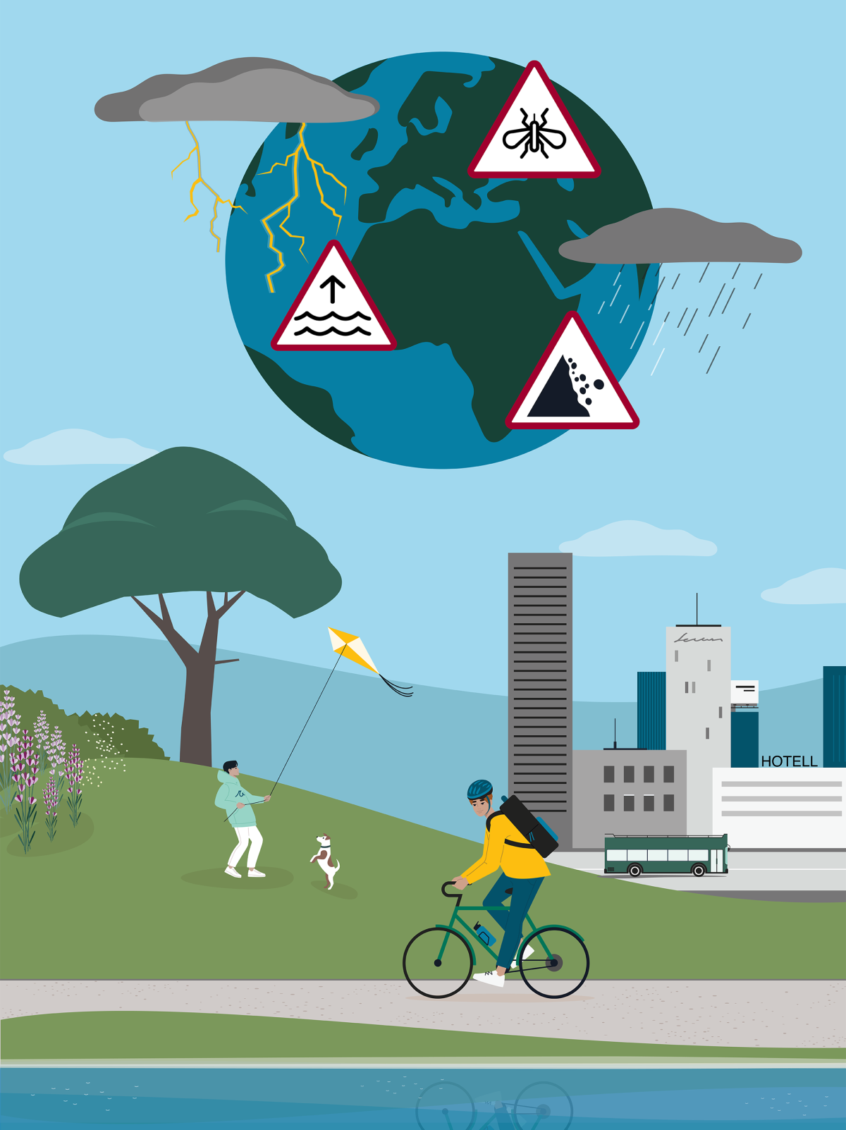 Datategning med en syklist og en gutt som leker med drage mens en hund hopper rundt, de er i en park. I bakgrunnen ses et bymiljø med høye hus og en buss. På himmelen er en jordklode som det henger truende skyer over, og noen varselsskilt indikerer fare for flom, skred og insekter.