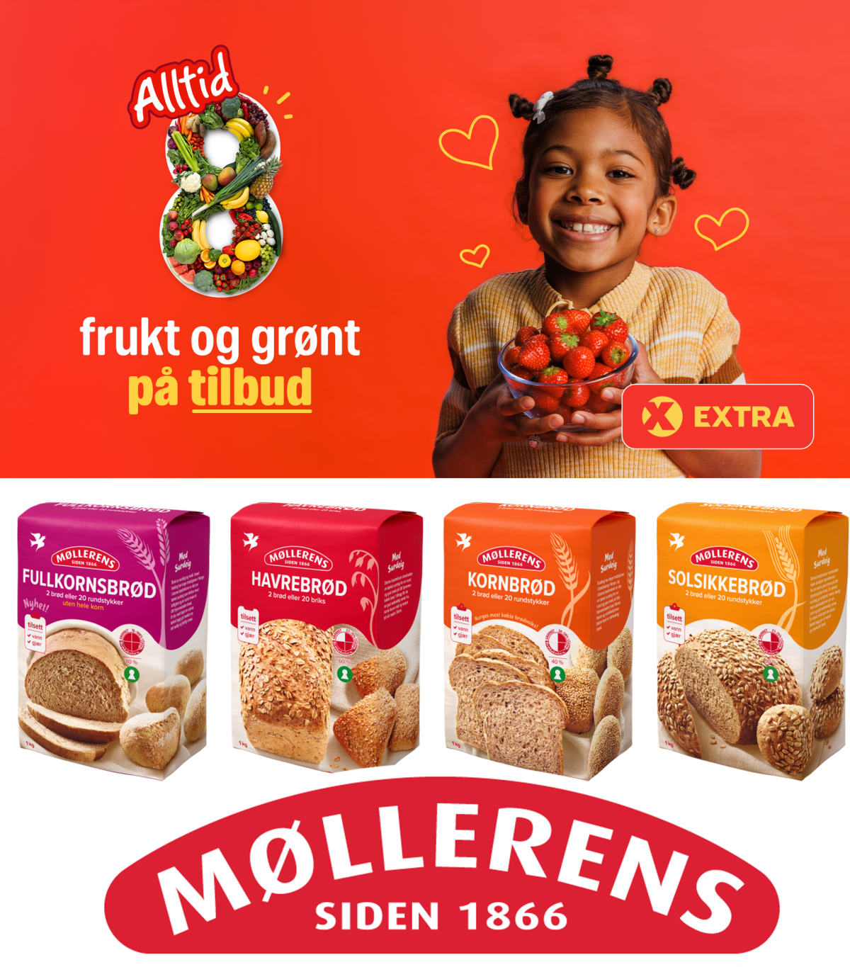 Kollasj av reklame fra Coop Extra "Alltid 8 frukt og grønt på tilbud." og fire melblandinger av brød: fullkorn-, havre-, korn- og solsikkebrød fra Møllerens. 