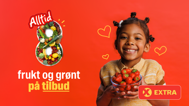 Reklame fra Coop Extra: "Alltid 8 frukt og grønt på tilbud". Bilde av en jente som holder en skål med jordbær.