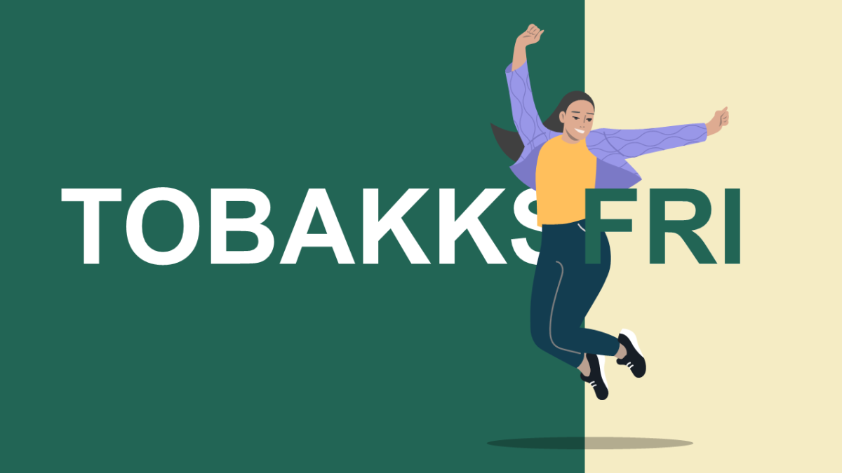 Illustrasjon som viser ordet tobakksfri, og en kvinne som hopper opp og ser glad ut.