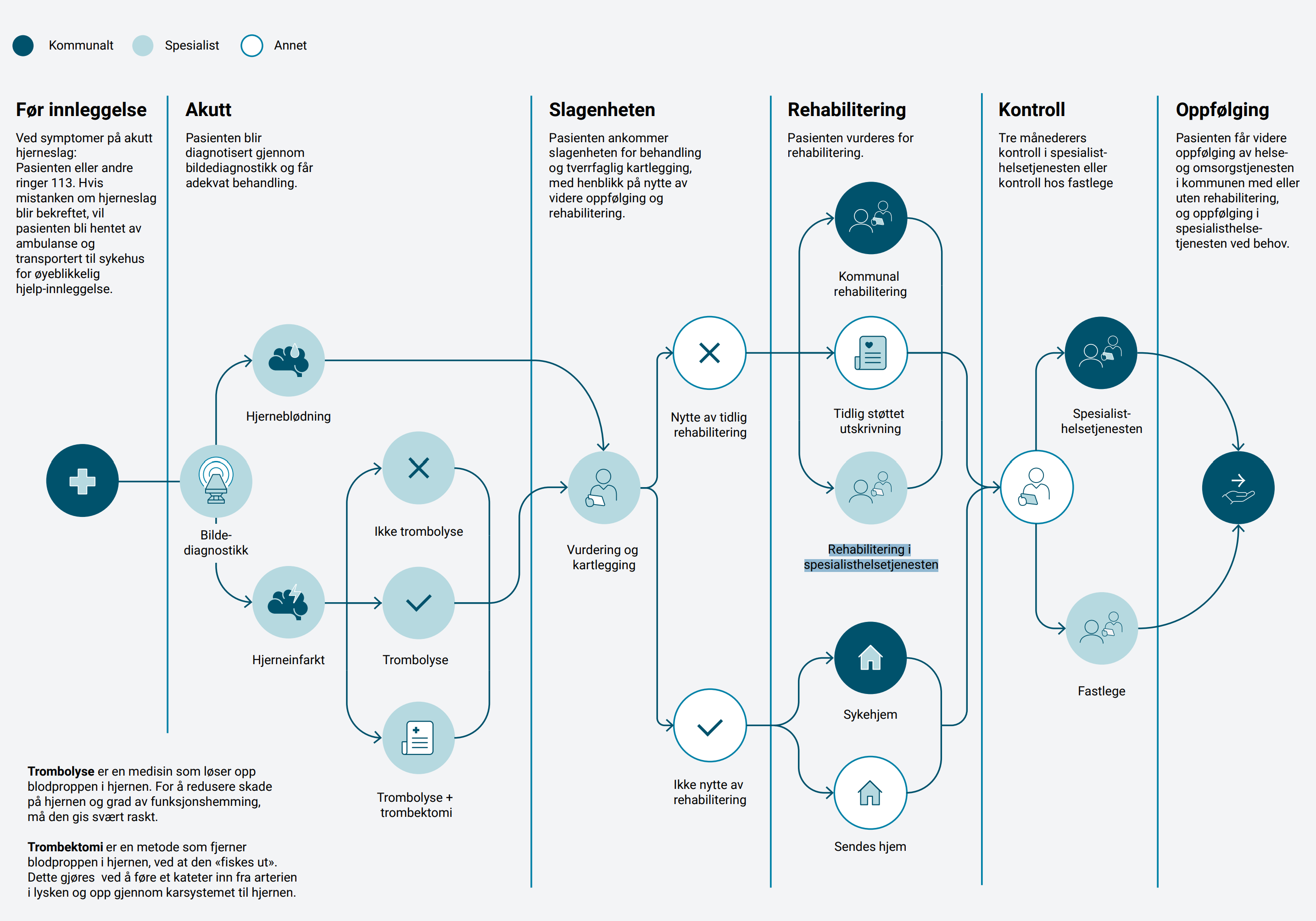 Skjematisk fremstilling av forløpet i pakkeforløp hjerneslag. Før innleggelse: Ved symptomer på akutt hjerneslag: Pasienten eller andre ringer 113. Hvis mistanken om hjerneslag blir bekreftet, vil pasienten bli hentet av ambulanse og transportert til sykehus for øyeblikkelig hjelp-innleggelse. Akutt: Pasienten blir diagnotisert gjennom bildediagnostikk og får adekvat behandling. Slagenheten: Pasienten ankommer slagenheten for behandling og tverrfaglig kartlegging, med henblikk på nytte av videre oppfølging og rehabilitering. Rehabilitering: Pasienten vurderes for rehabilitering. Kontroll: Tre månederers kontroll i spesialisthelsetjenesten eller kontroll hos fastlege. Oppfølging: Pasienten får videre oppfølging av helseog omsorgstjenesten i kommunen med eller uten rehabilitering, og oppfølging i spesialisthelsetjenesten ved behov.