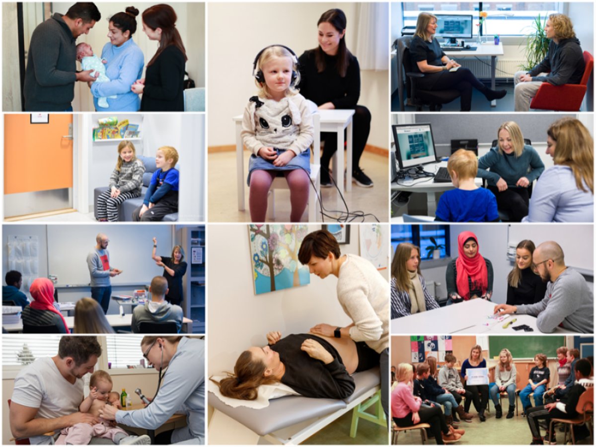 BIldekollasj av mennesker og barn i ulike situasjoner.