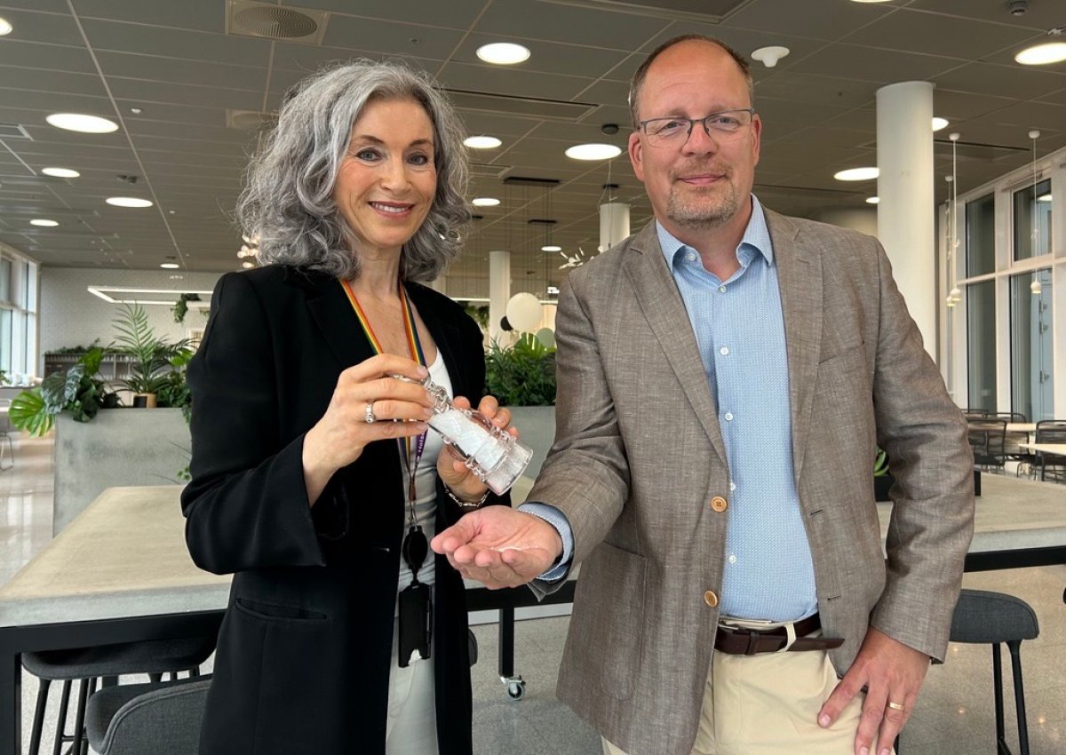 Gry Hay i Helsedirektoratet og Rickard Hedin i Groupe Salins/Jozo holder fram en saltbøsse.