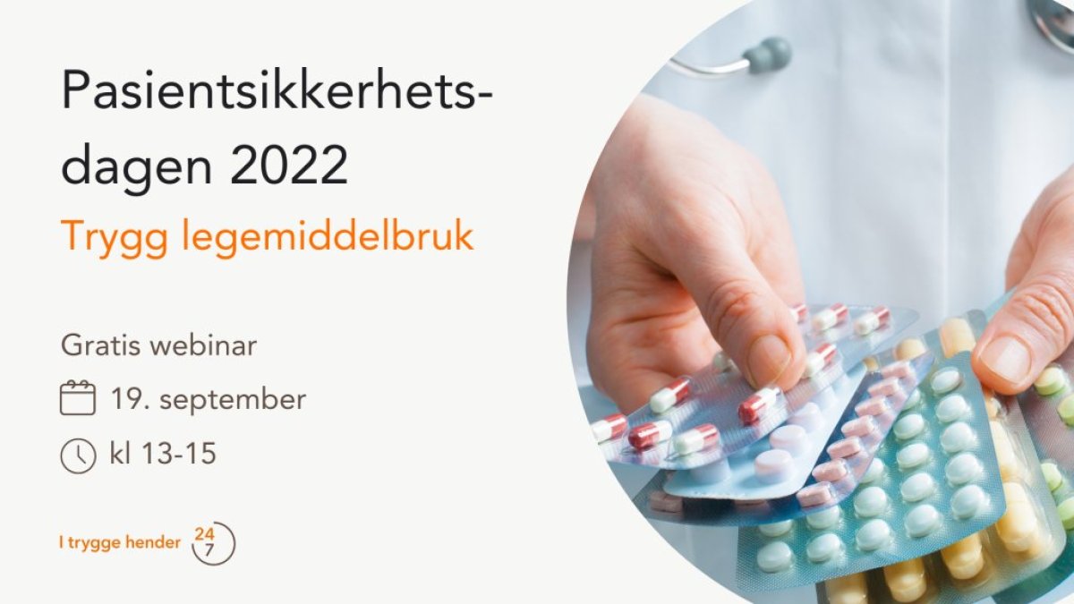 tekst og bilde av hånd som holder legemidler