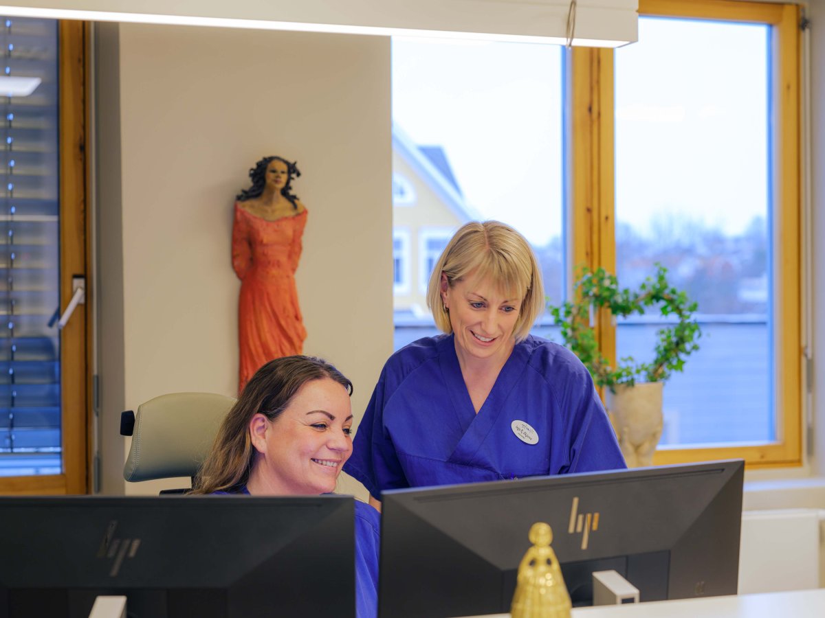 To helsearbeidarar i kommunehelsetenesta ser på PC-skjermar med normerande produkt