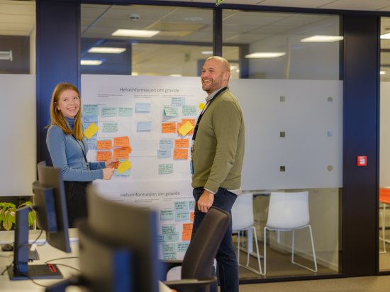 Mann og dame som smiler foran en plansje på veggen med flere post-its