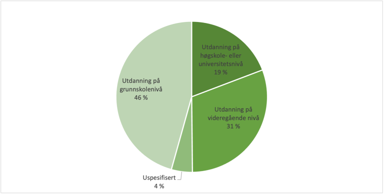 46 prosent av de ansatte har utdanning på grunnskolenivå. 31 prosent har videregående skole, mens 19 prosent har høgskole-/universitetsutdanning.