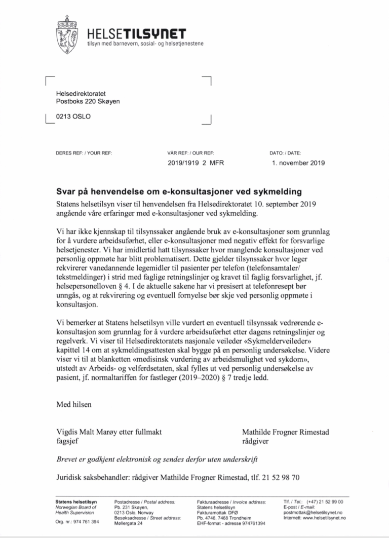 Faksimile, brev fra Helsetilsynet.