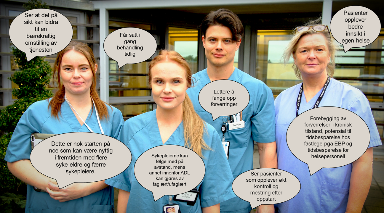 Fire sykepleiere i uniform. På bildet er flere sitater: "Ser at det kan bidra til en bærekraftig omstilling av tjenesten", "Får satt i gang behandling tidlig", "Lettere å fange opp forverringer", "Pasienter opplever bedre innsikt i egen helse", "Dette er nok starten på noe som kan være nyttig i fremtiden med flere syke eldre og færre sykepleiere", "Sykepleiere kan følge med på avstand, mens annet innenfor ADL kan gjøres av faglært/ufaglært", "Ser pasienter som opplever økt kontroll og mestring etter oppstart", "Forebygging av forverrelser i kronisk tilstand, potensial til tidsbesparelse hos fastlege pga. EBP og tidsbesparelse for helsepersonell".