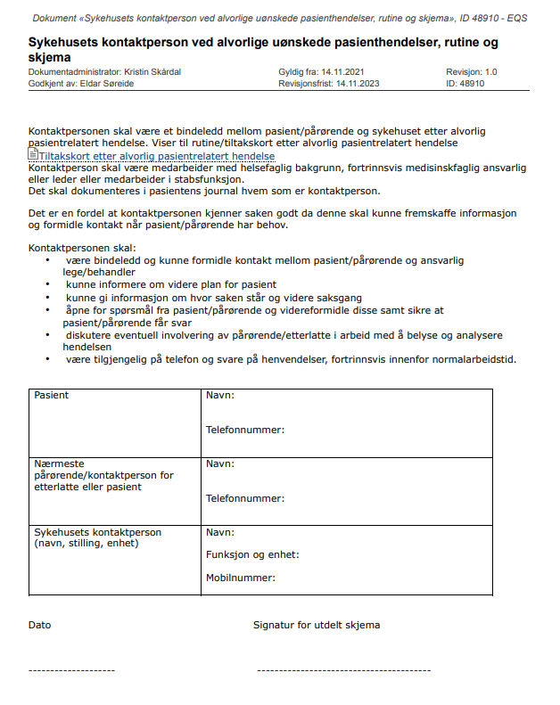 Bilde av et skjema "Sykehusets kontaktperson ved alvorlige uønskede pasienthendelser, rutine og skjema" fra Stavanger universitetssykehus