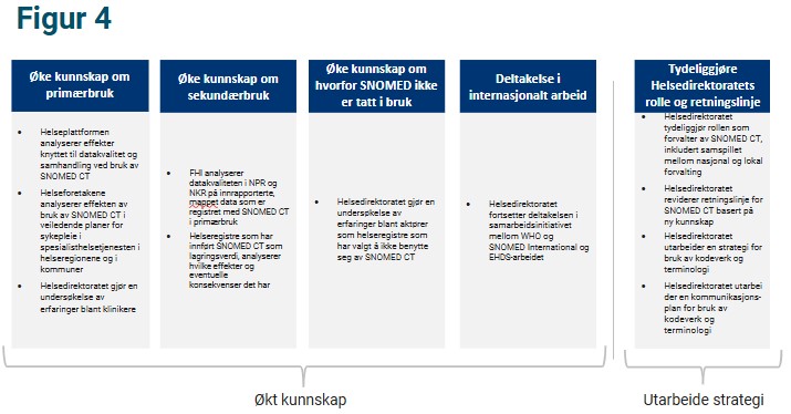 Videre oppfølging fordelt på fem anbefalinger: øke kunnskap om primærbruk, øke kunnskap om sekunderbruk, øke kunnskap om hvorfor SNOMED ikke er tatt i bruk, deltakelse i internasjonalt arbeid og tydeliggjøre Helsedirektoratets rolle og retningslinje.
