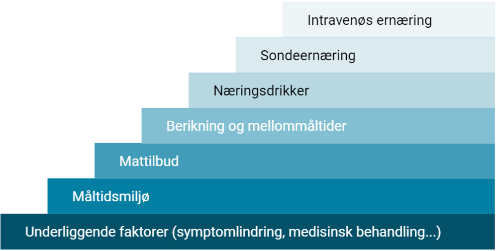 Figur: Ernæringstrappen. Fra Nasjonal faglig retningslinje for forebygging og behandling av underernæring[9]