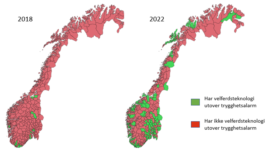 Kart over kommuner som kun har rapportert tjenestemottakere med trygghetsalarm  og kommuner som har rapportert flere velferdsteknologiske tjenestetyper i 2018 og i 2022.