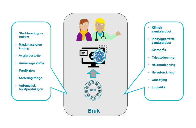 Strukturering av fritekst, Maskinassistert koding, Avgjerdsstøtte, Kunnskapsstøtte, Prediksjon, Sortering/triage, Automatisk tekstproduksjon, Klinisk samtalerobot, Innbyggjarretta samtalerobot, Klarspråk, Taleattkjenning, Helseutdanning, Helseforskning , Omsetjing , Logistikk