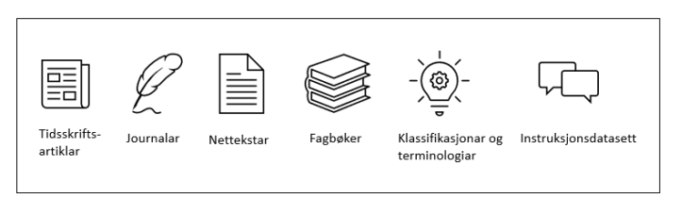 Tidsskriftartikler, journaler, nettekster, fagbøker, klassifikasjoner og terminologier og instruksjonsdatasett