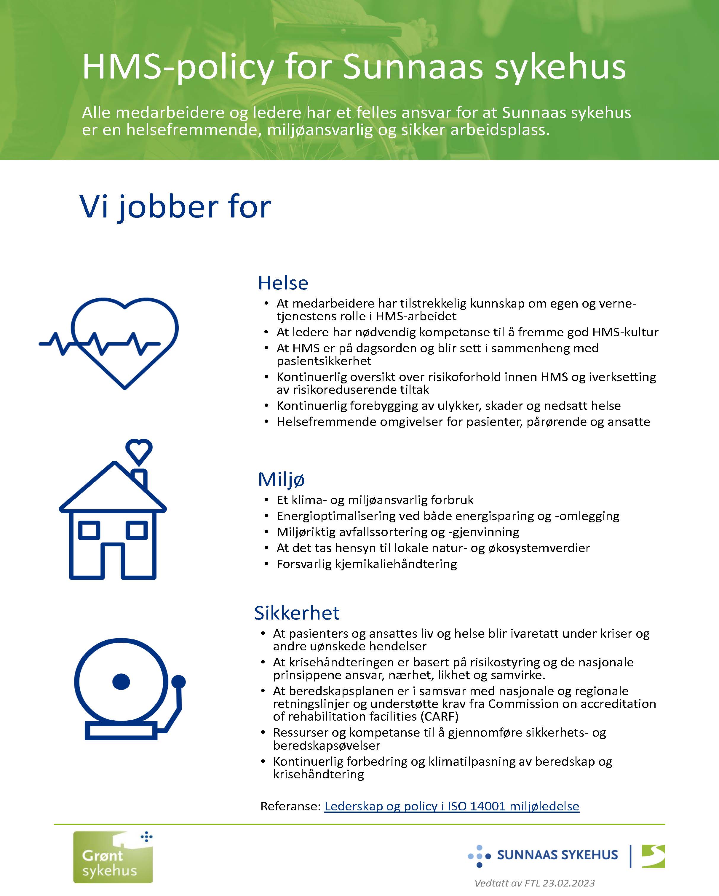 HMS-plakat som viser at Sunnås sykehus arbeider for helse, miljø og sikkerhet.