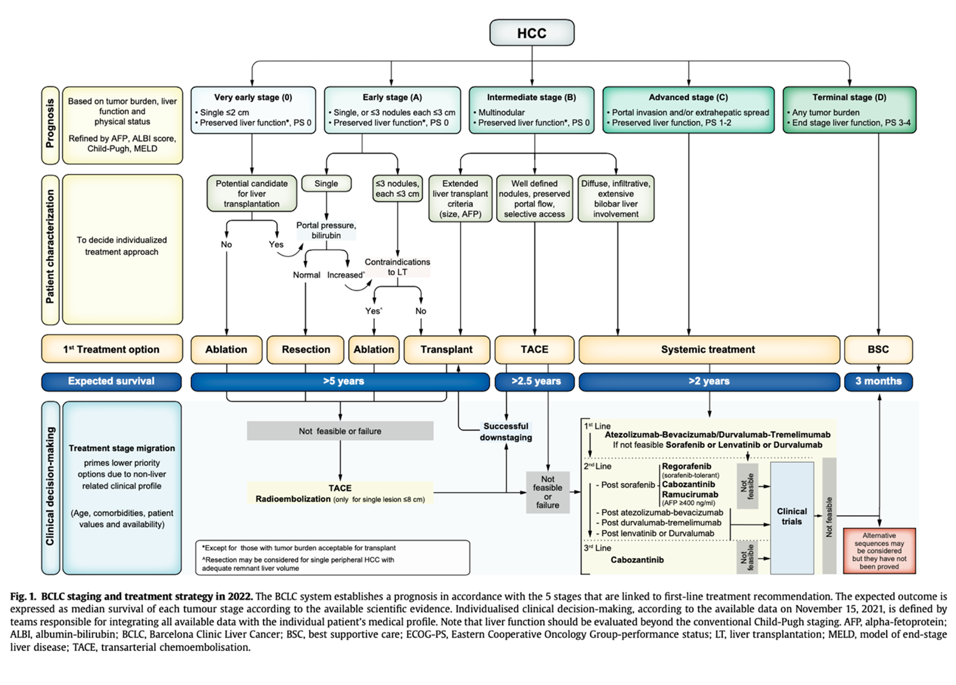 Figur 1. BCLC stadieinndeling og behandlingsstrategi. Gjengitt fra Reig et al. (2022) med tillatelse fra Elsevier.