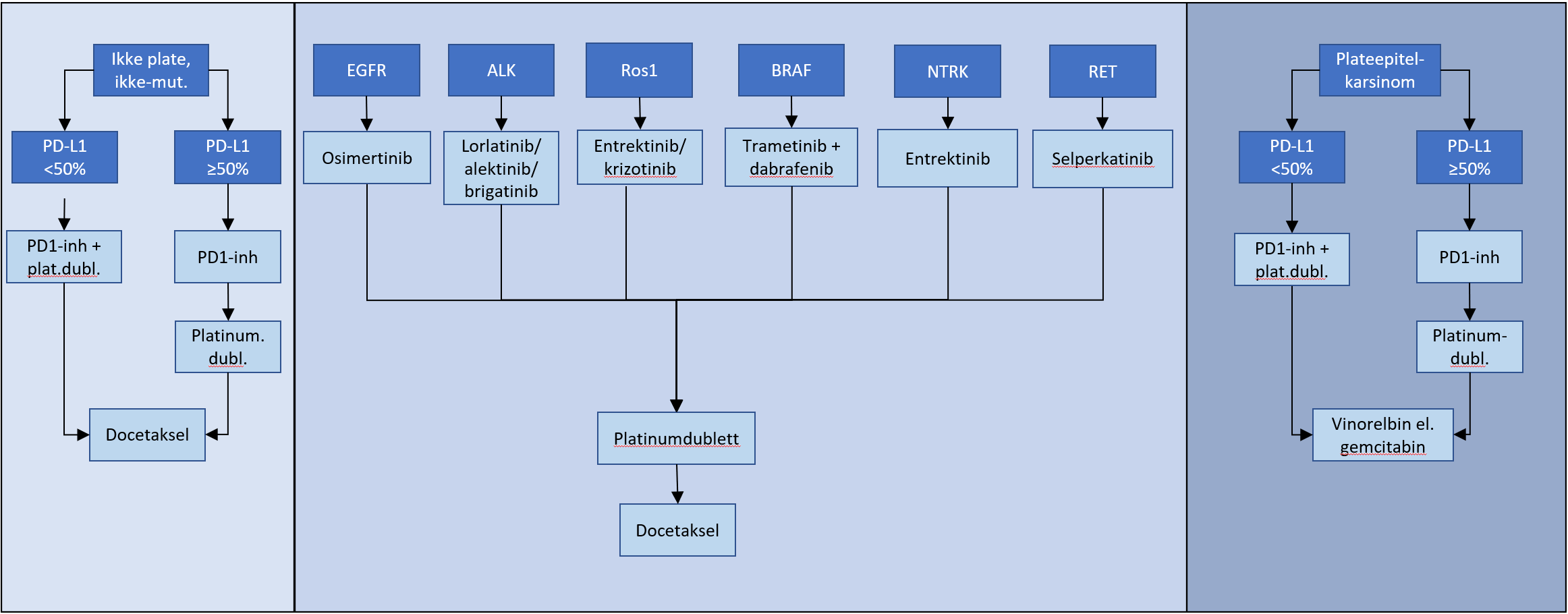 Figur 21 Behandlingsalgoritme for medikamentell behandling av avansert ikke-småcellet lungekreft. Legg merke til at algoritmen inkluderer behandlingsopplegg som ikke er vedtatt innført i Nye Metoder (markert med prikkede linjer).