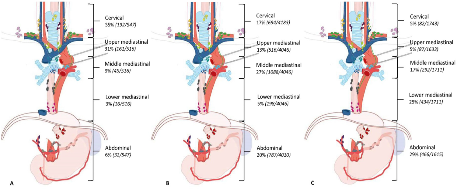 Spiserørskreft - Prevalens av lymfeknutemetastaser per tumorlokalisasjon.png