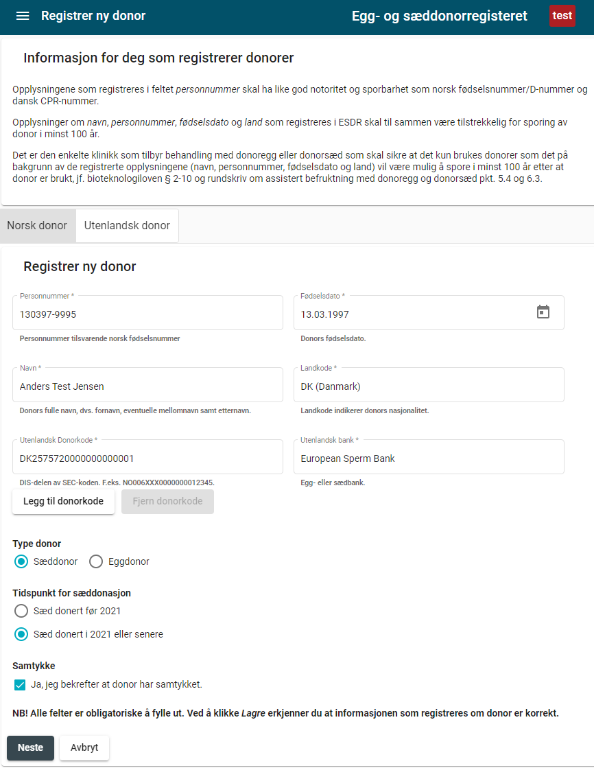 Eksempelbilde på registrering av utenlandsk sæddonor