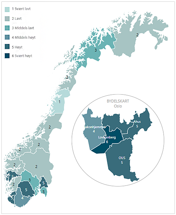 Norgeskart som viser grad av pasienter over 16 år med vedtak om tvungent psykisk helsevern.