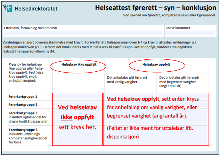 Helseattest - førerett syn - konklusjon